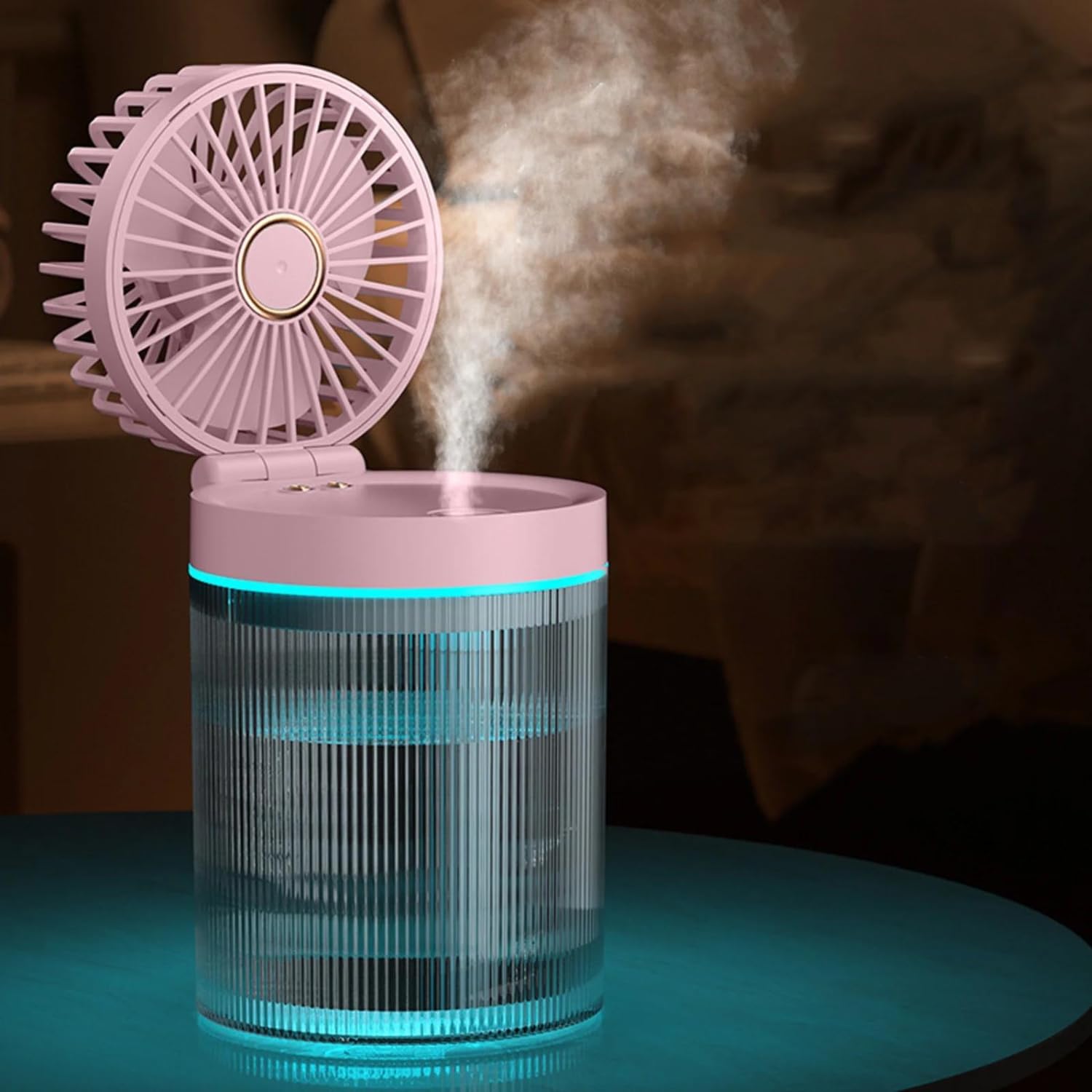 Mist Rechargeable Fan with 7-Color Night Light & Humidifier – Portable, 3-Speed Cooling, 1200mAh Battery (3-Hour Backup),