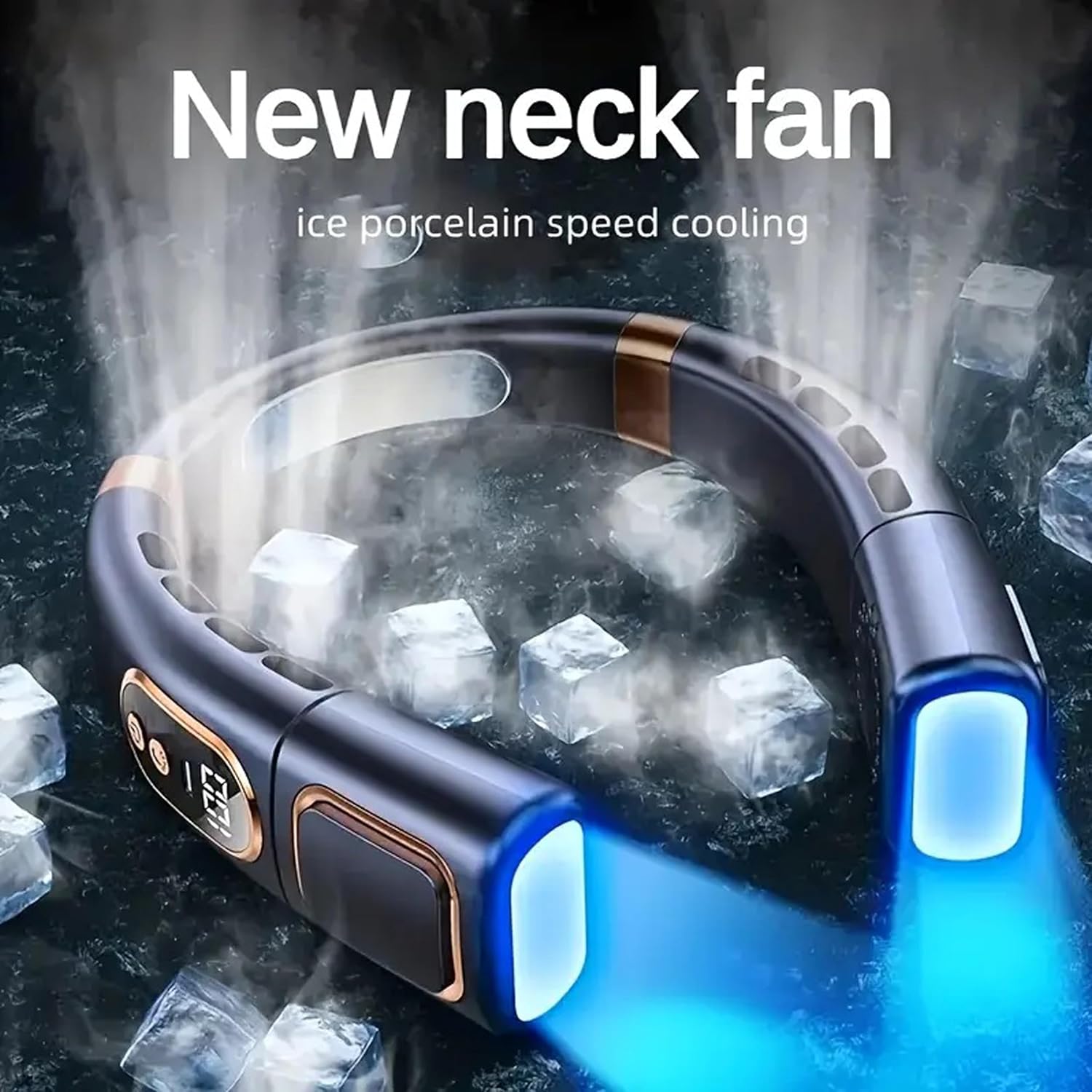 Neck Fan 18 Hour Play 9000mAh USB Charging Battery Bladeless Neck Fan Smart Mini Hand Free 5 High Speed With LED Light Fan Low Noise 360° Cooling NECK FAN (Blue)