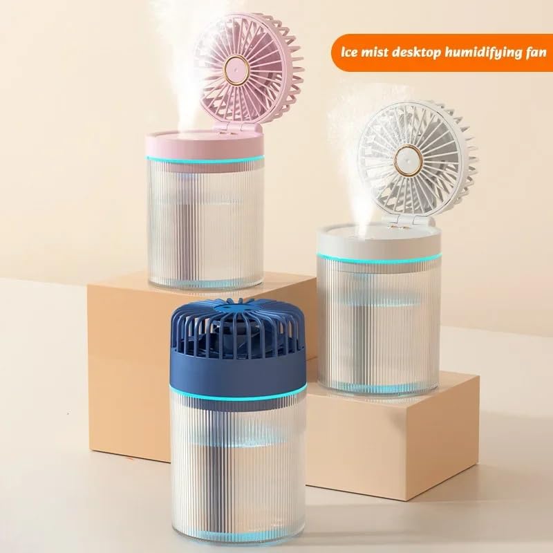 Mist Rechargeable Fan with 7-Color Night Light & Humidifier – Portable, 3-Speed Cooling, 1200mAh Battery (3-Hour Backup),