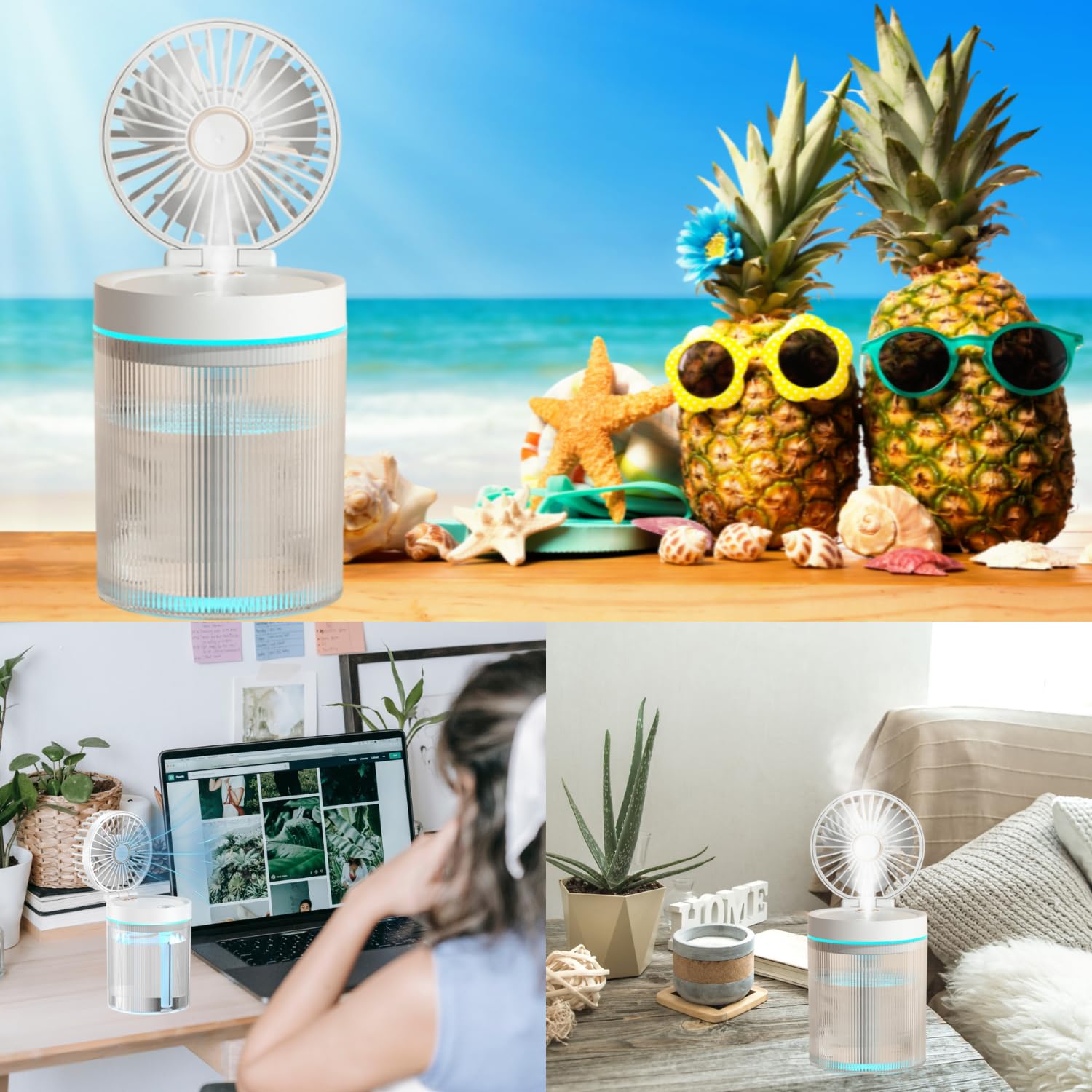 Mist Rechargeable Fan with 7-Color Night Light & Humidifier – Portable, 3-Speed Cooling, 1200mAh Battery (3-Hour Backup),