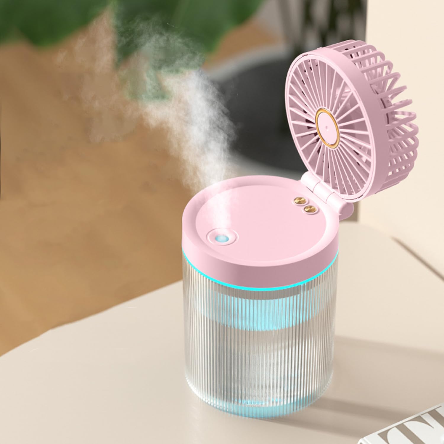 Mist Rechargeable Fan with 7-Color Night Light & Humidifier – Portable, 3-Speed Cooling, 1200mAh Battery (3-Hour Backup),