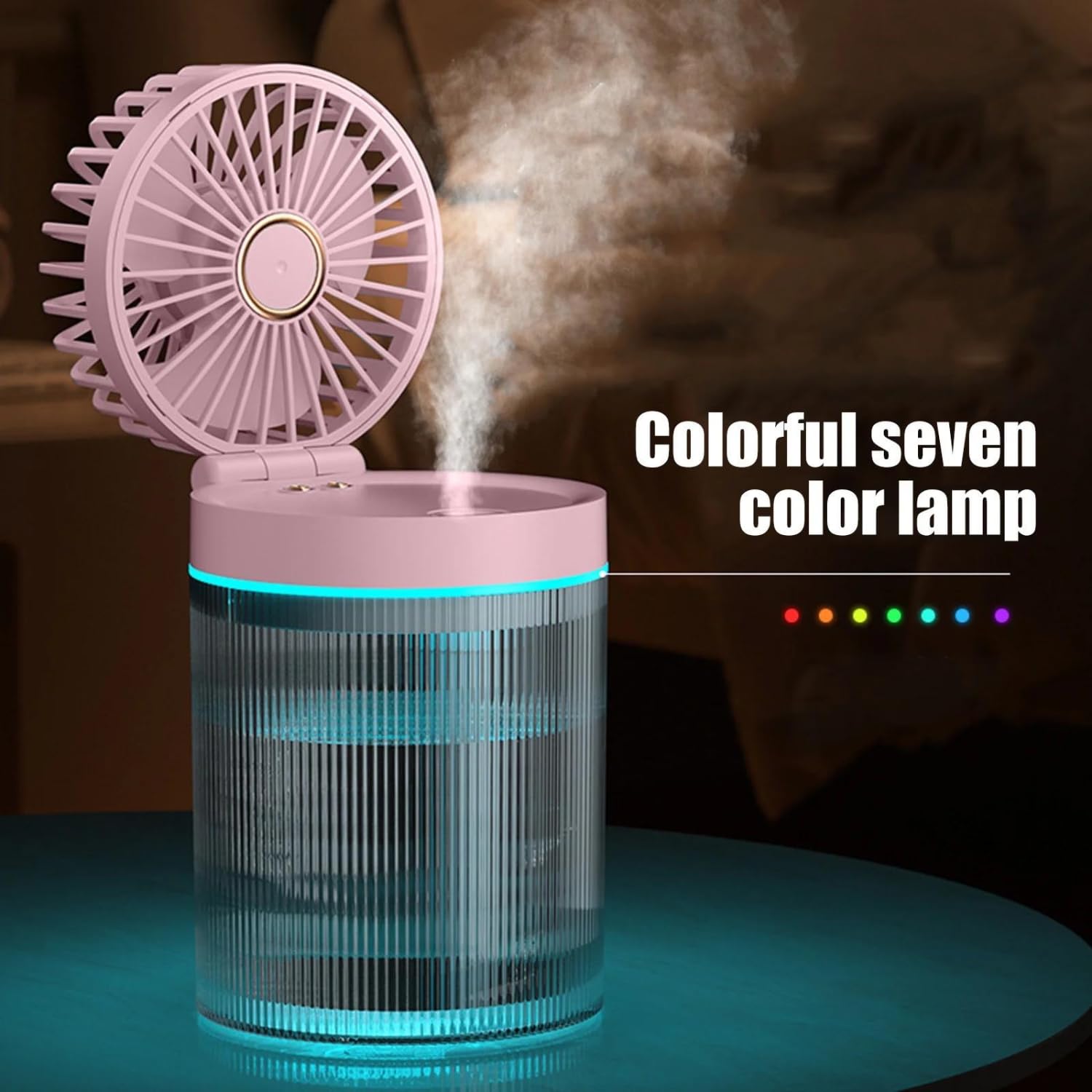 Mist Rechargeable Fan with 7-Color Night Light & Humidifier – Portable, 3-Speed Cooling, 1200mAh Battery (3-Hour Backup),