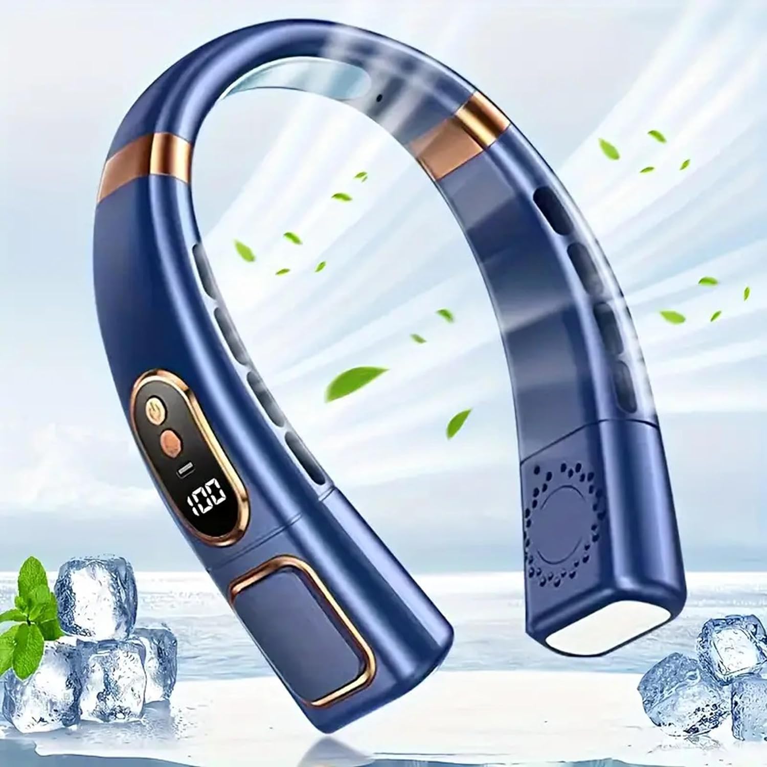Neck Fan 18 Hour Play 9000mAh USB Charging Battery Bladeless Neck Fan Smart Mini Hand Free 5 High Speed With LED Light Fan Low Noise 360° Cooling NECK FAN (Blue)